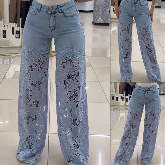 🔥Cantitate limitată🔥【S-3XL】✨🌈Vara 2025, blugi de damă cu cusături din dantelă, la modă, casual, respirabili 
