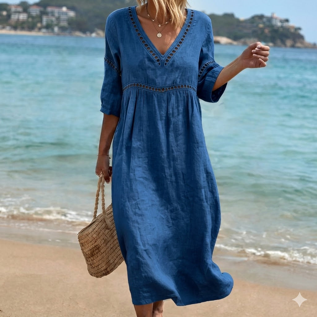 ✨🌈【S-3XL】🎀Vestido de mujer de algodón y lino con cuello en V, transpirable y suave, cómodo de llevar.