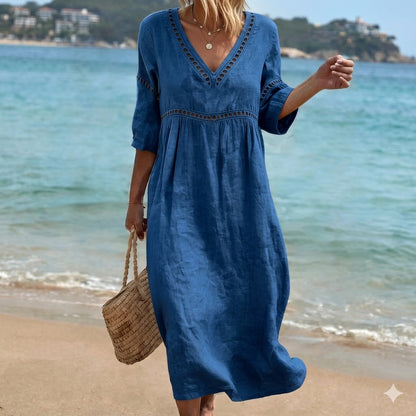 ✨🌈【S-3XL】🎀Vestido de mujer de algodón y lino con cuello en V, transpirable y suave, cómodo de llevar.